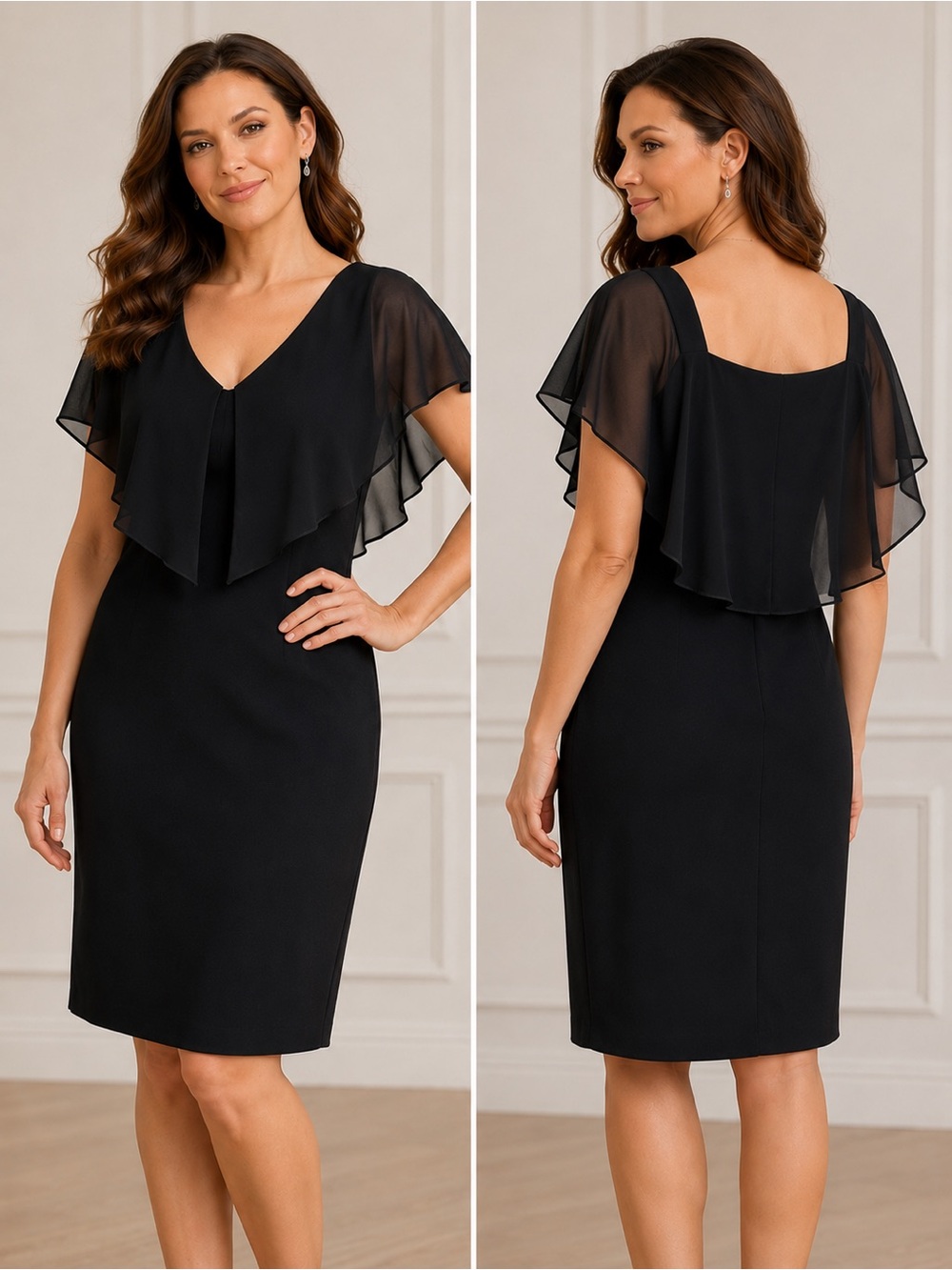 MSK Black Cape Overlay Cocktail Dress Size 12 NWT Chiffon Sleeve Midi Dress